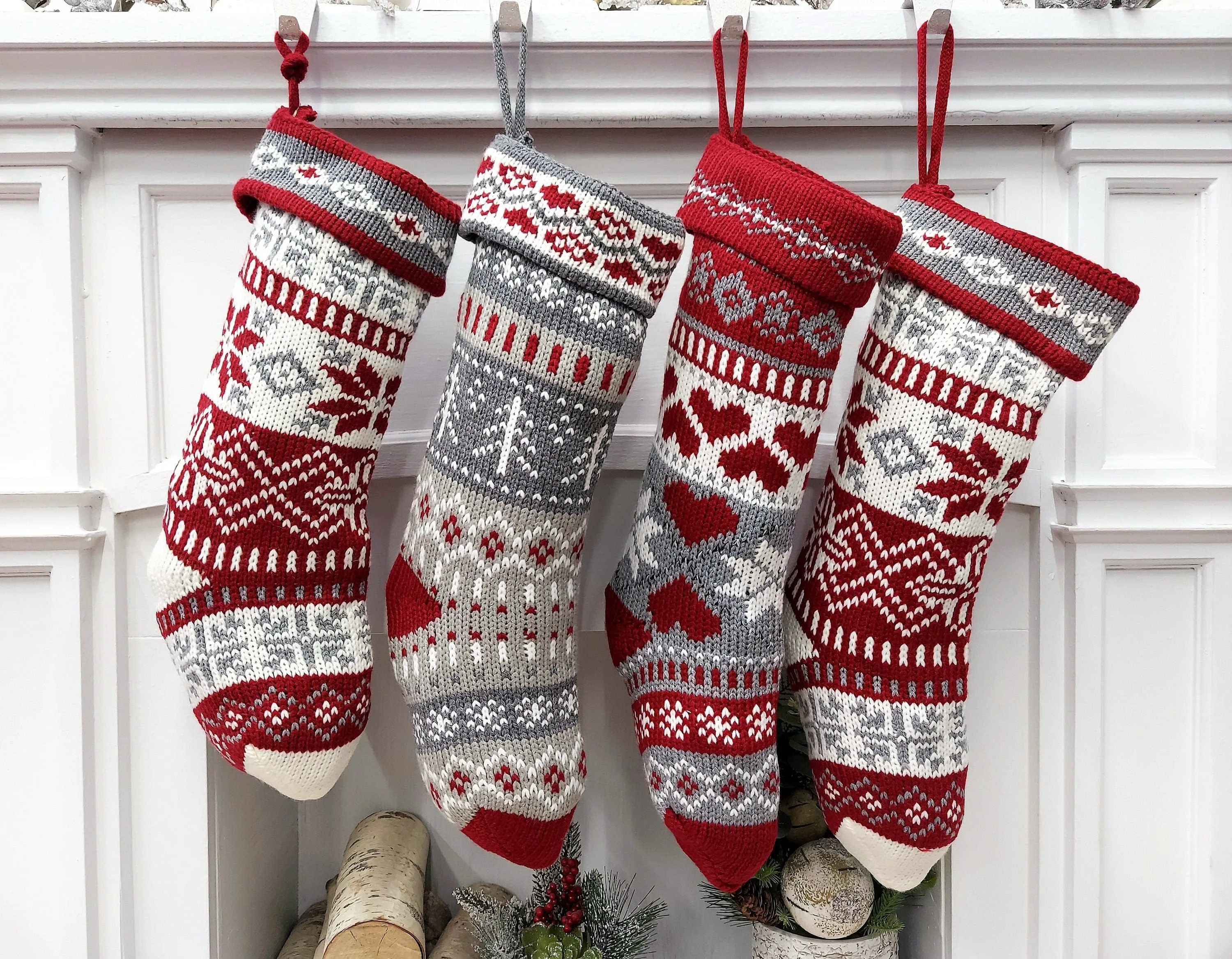 20" Chunky Grey White Red Knit Christmas Stocking with Heart, Tree, Snowflake Design Engraved Wood Name Tag - Holiday Xmas Gift Personaized