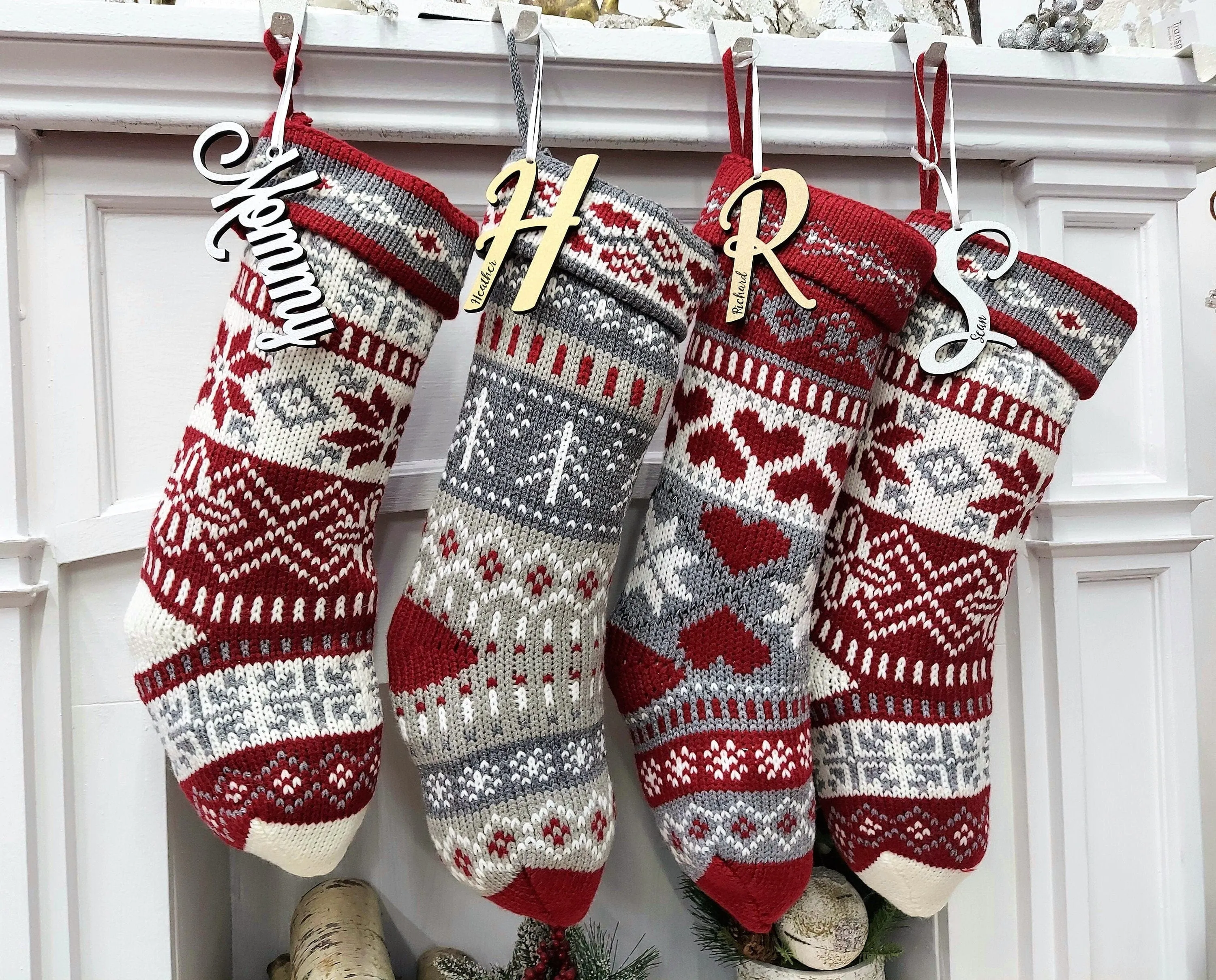 20" Chunky Grey White Red Knit Christmas Stocking with Heart, Tree, Snowflake Design Engraved Wood Name Tag - Holiday Xmas Gift Personaized