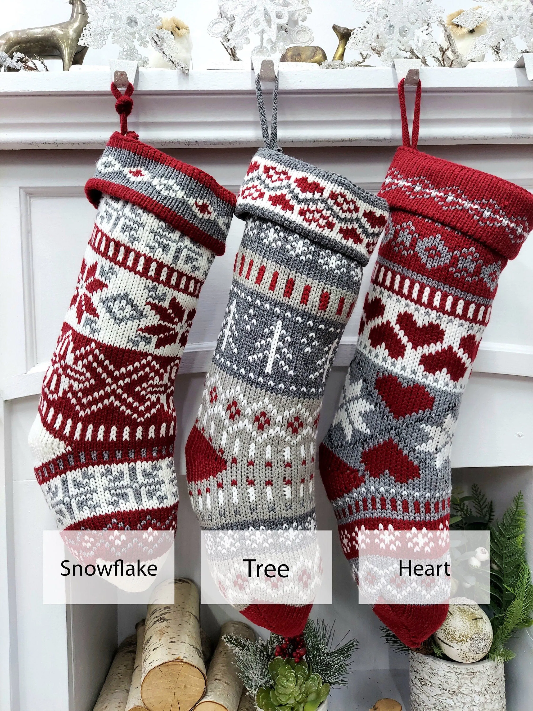 20" Chunky Grey White Red Knit Christmas Stocking with Heart, Tree, Snowflake Design Engraved Wood Name Tag - Holiday Xmas Gift Personaized