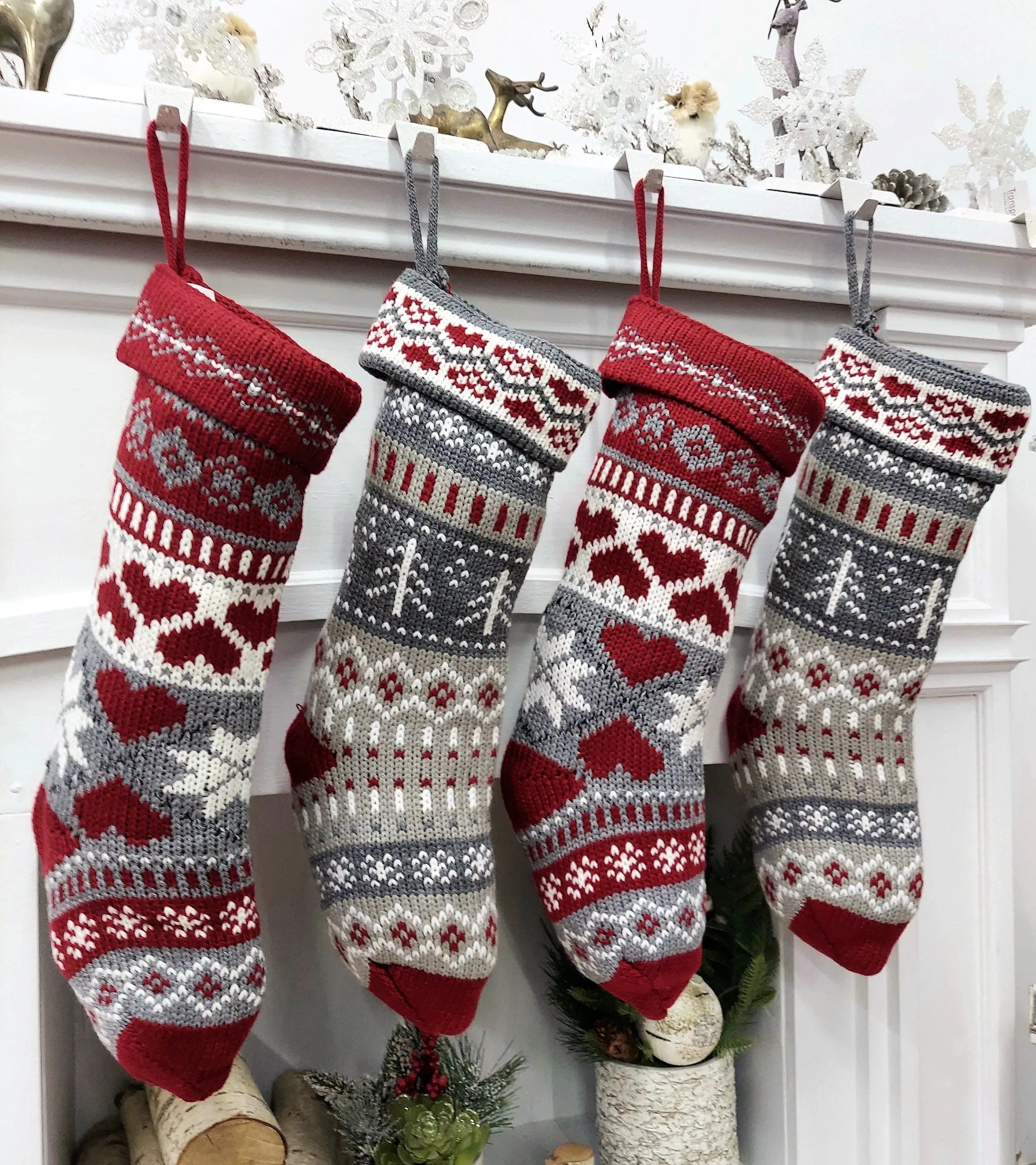 20" Chunky Grey White Red Knit Christmas Stocking with Heart, Tree, Snowflake Design Engraved Wood Name Tag - Holiday Xmas Gift Personaized