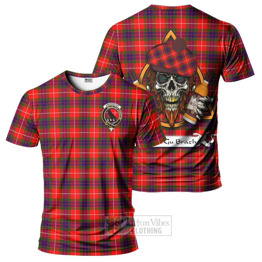 Abernethy Tartan T-Shirt with Family Crest and Bearded Skull Holding Bottles of Whiskey