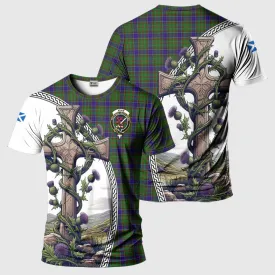 Adam Tartan T-Shirt with Family Crest and St. Andrew's Cross Accented by Thistle Vines