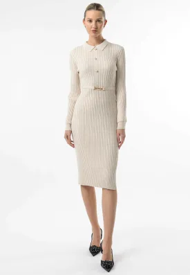 Angeleye Cream Long Sleeve Knit Shirt Dress With Belt