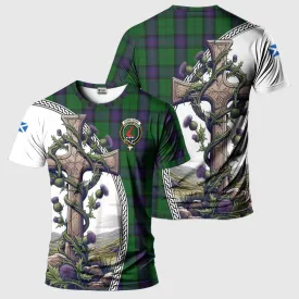 Armstrong Tartan T-Shirt with Family Crest and St. Andrew's Cross Accented by Thistle Vines