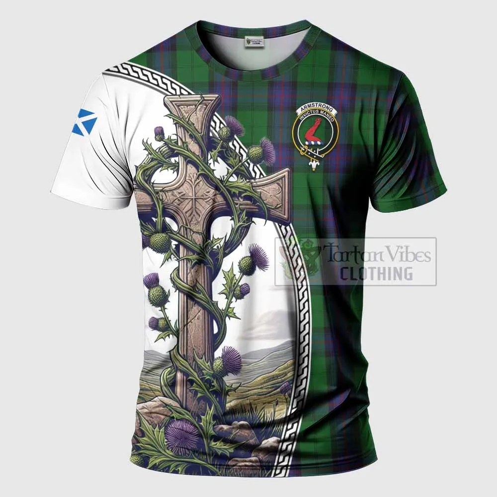 Armstrong Tartan T-Shirt with Family Crest and St. Andrew's Cross Accented by Thistle Vines