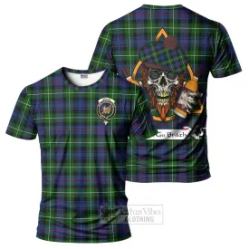 Baillie (Bailey) Tartan T-Shirt with Family Crest and Bearded Skull Holding Bottles of Whiskey