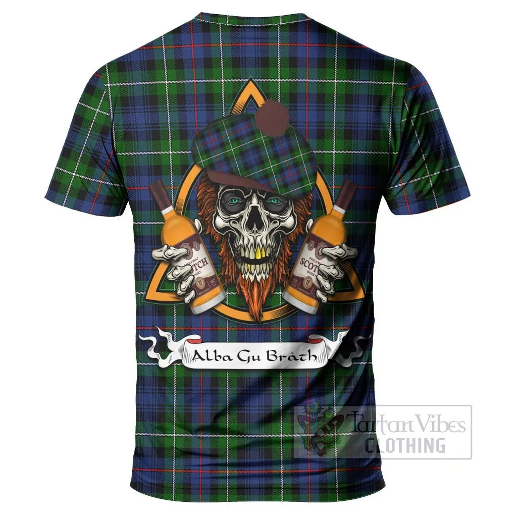 Baillie (Bailey) Tartan T-Shirt with Family Crest and Bearded Skull Holding Bottles of Whiskey