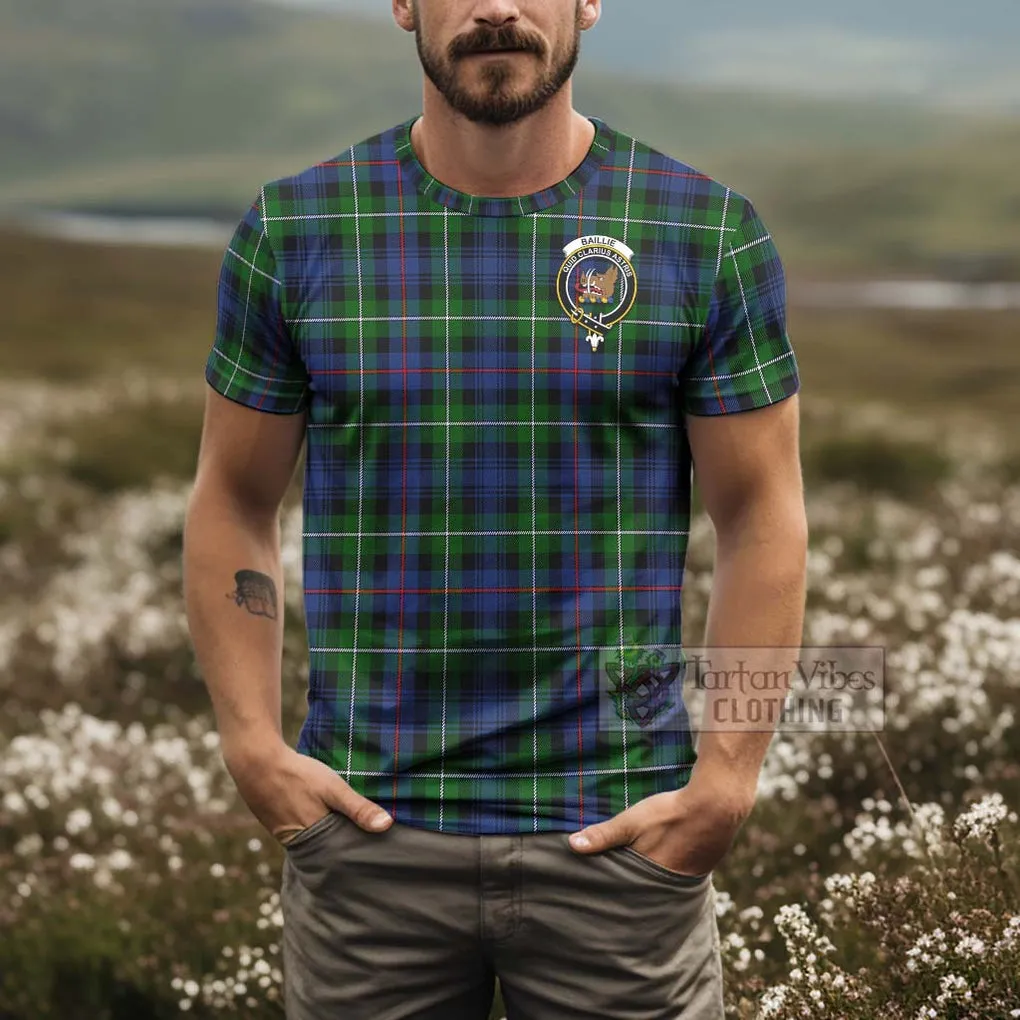 Baillie (Bailey) Tartan T-Shirt with Family Crest and Bearded Skull Holding Bottles of Whiskey