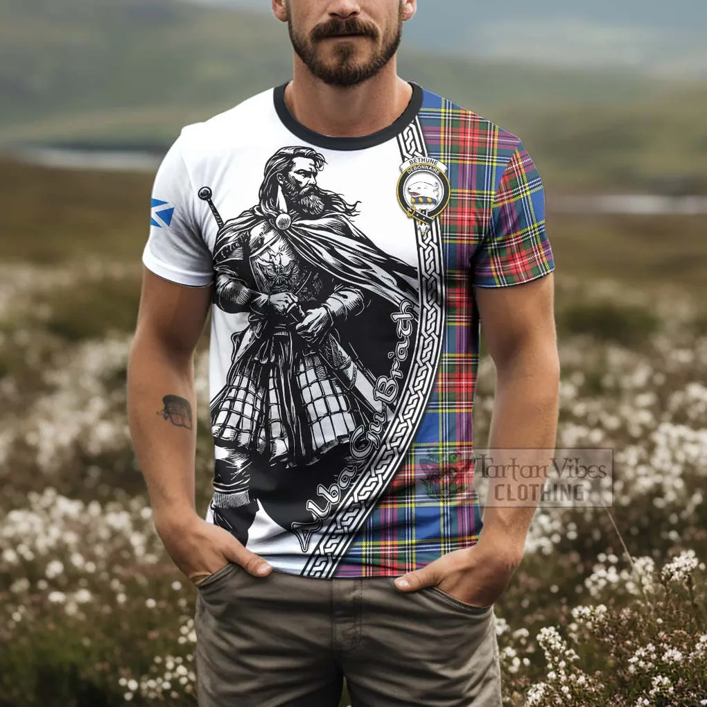 Bethune Tartan Clan Crest T-Shirt with Highlander Warrior Celtic Style