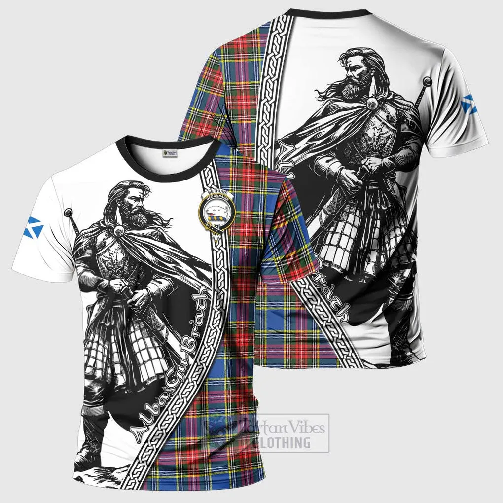 Bethune Tartan Clan Crest T-Shirt with Highlander Warrior Celtic Style