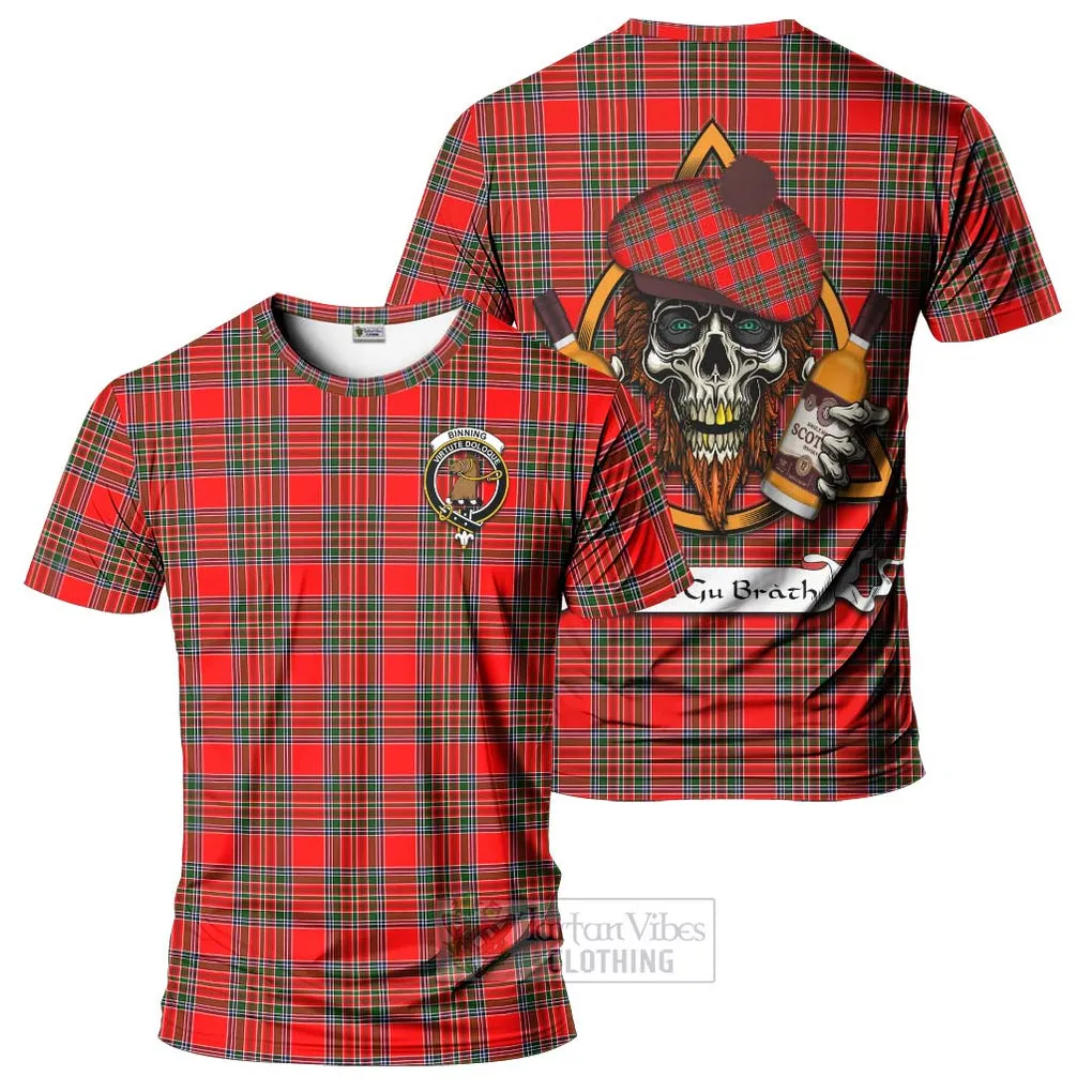 Binning Tartan T-Shirt with Family Crest and Bearded Skull Holding Bottles of Whiskey