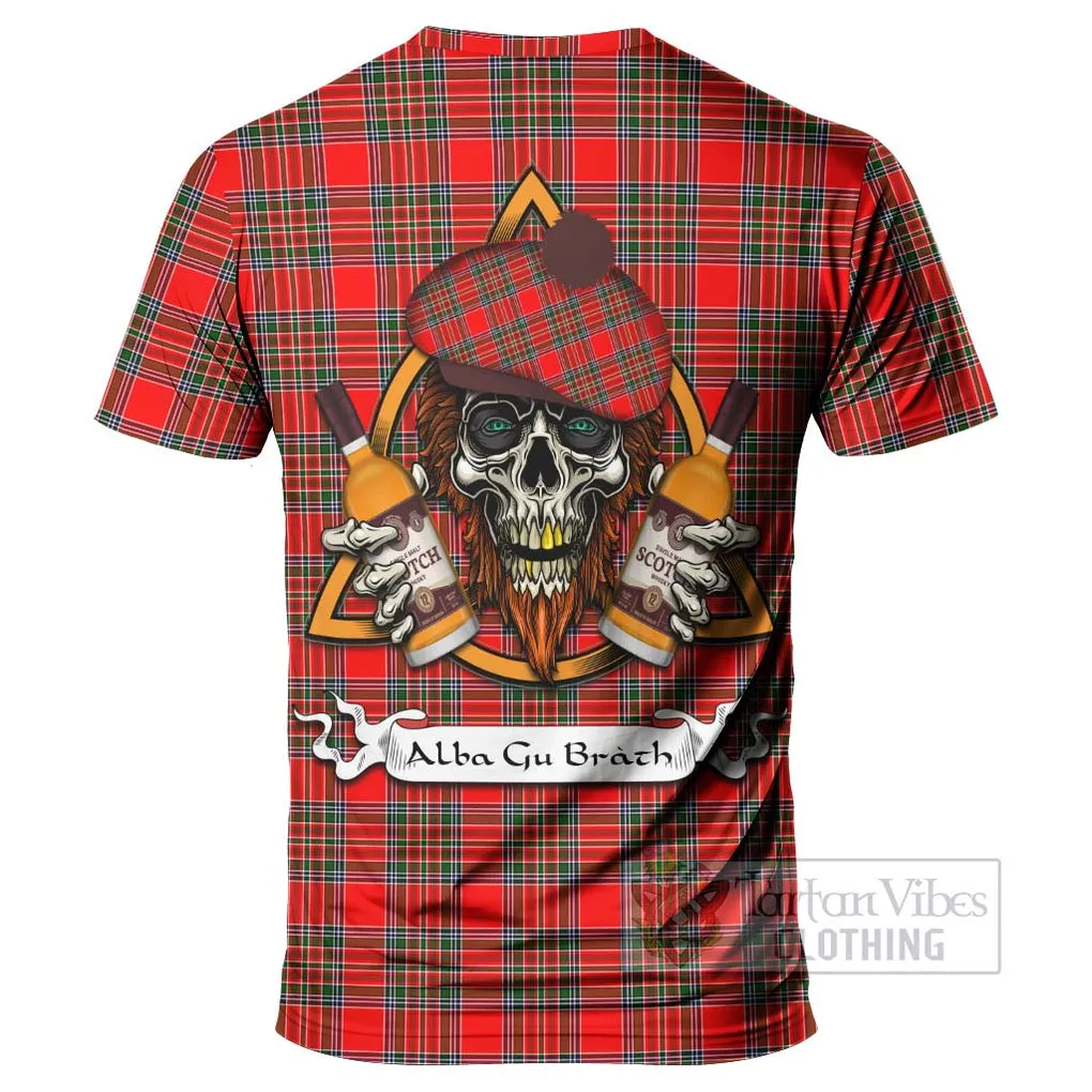 Binning Tartan T-Shirt with Family Crest and Bearded Skull Holding Bottles of Whiskey