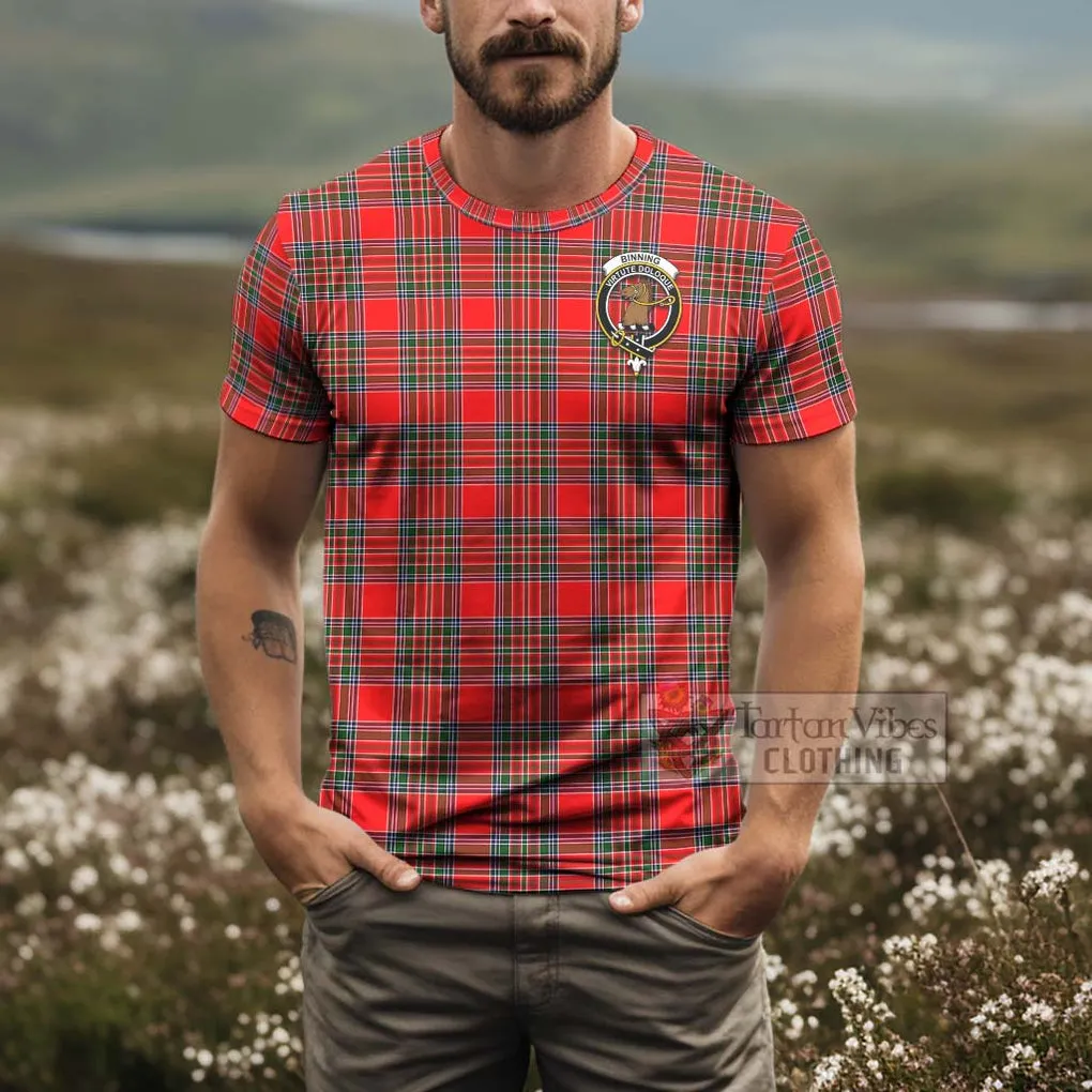 Binning Tartan T-Shirt with Family Crest and Bearded Skull Holding Bottles of Whiskey