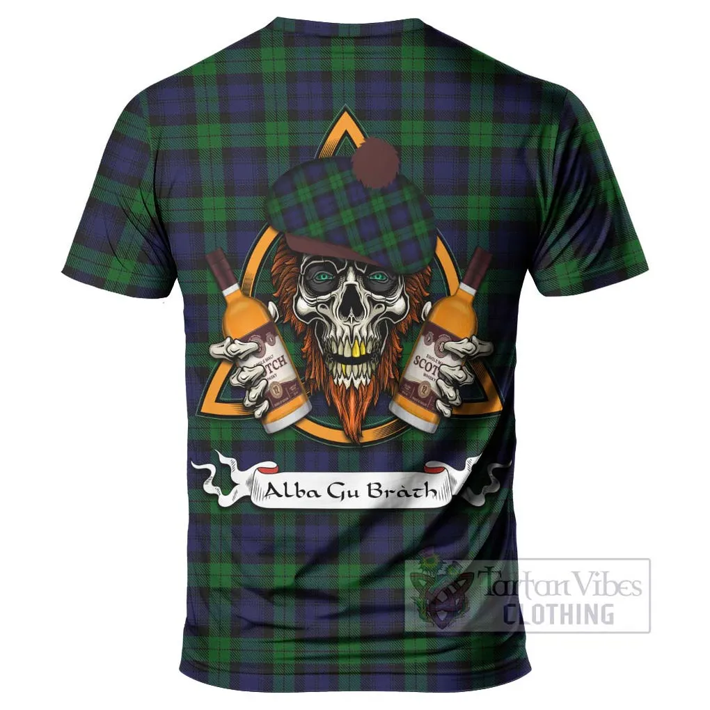 Black Watch Tartan T-Shirt with Family Crest and Bearded Skull Holding Bottles of Whiskey