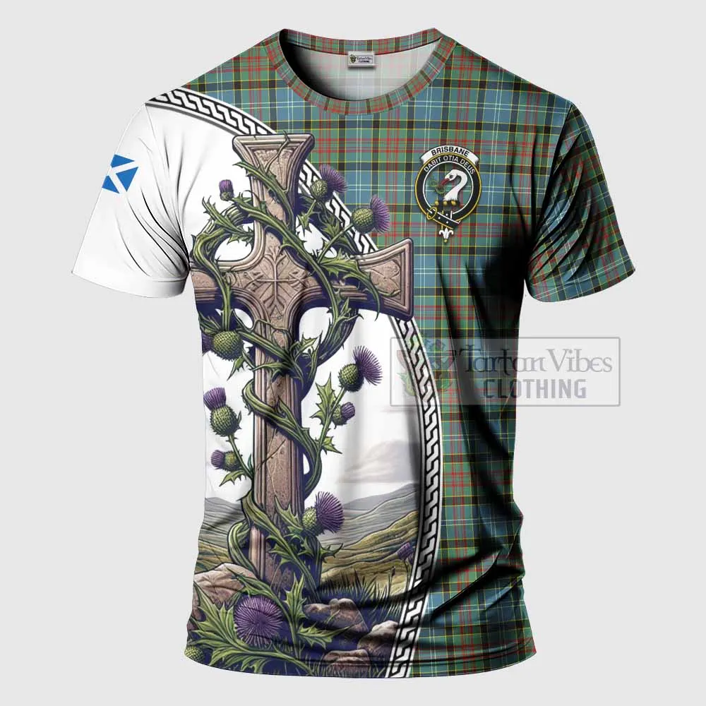 Brisbane Tartan T-Shirt with Family Crest and St. Andrew's Cross Accented by Thistle Vines