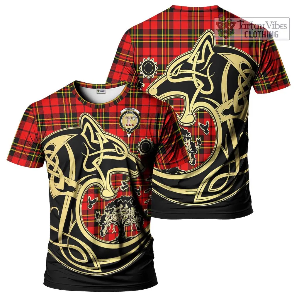 Brodie Modern Tartan T-Shirt with Family Crest Celtic Wolf Style