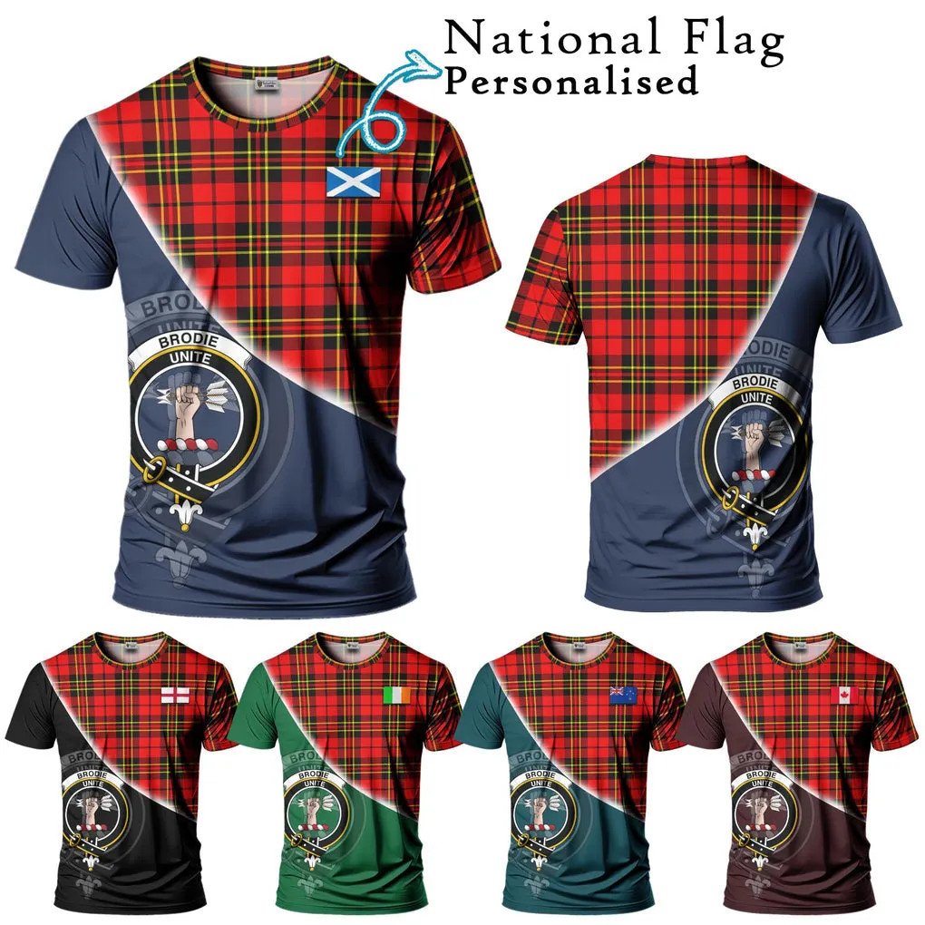 Brodie Modern Tartan T-Shirt with Personalised National Flag and Family Crest Half Style