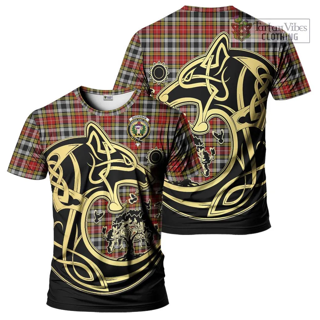 Buchanan Old Dress Tartan T-Shirt with Family Crest Celtic Wolf Style