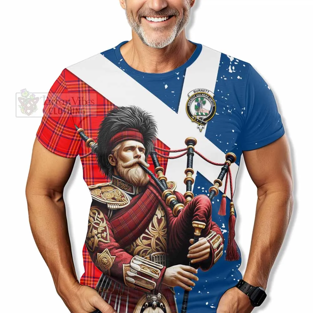 Burnett Tartan T-Shirt with Family Crest Scottish Bagpiper Vibes