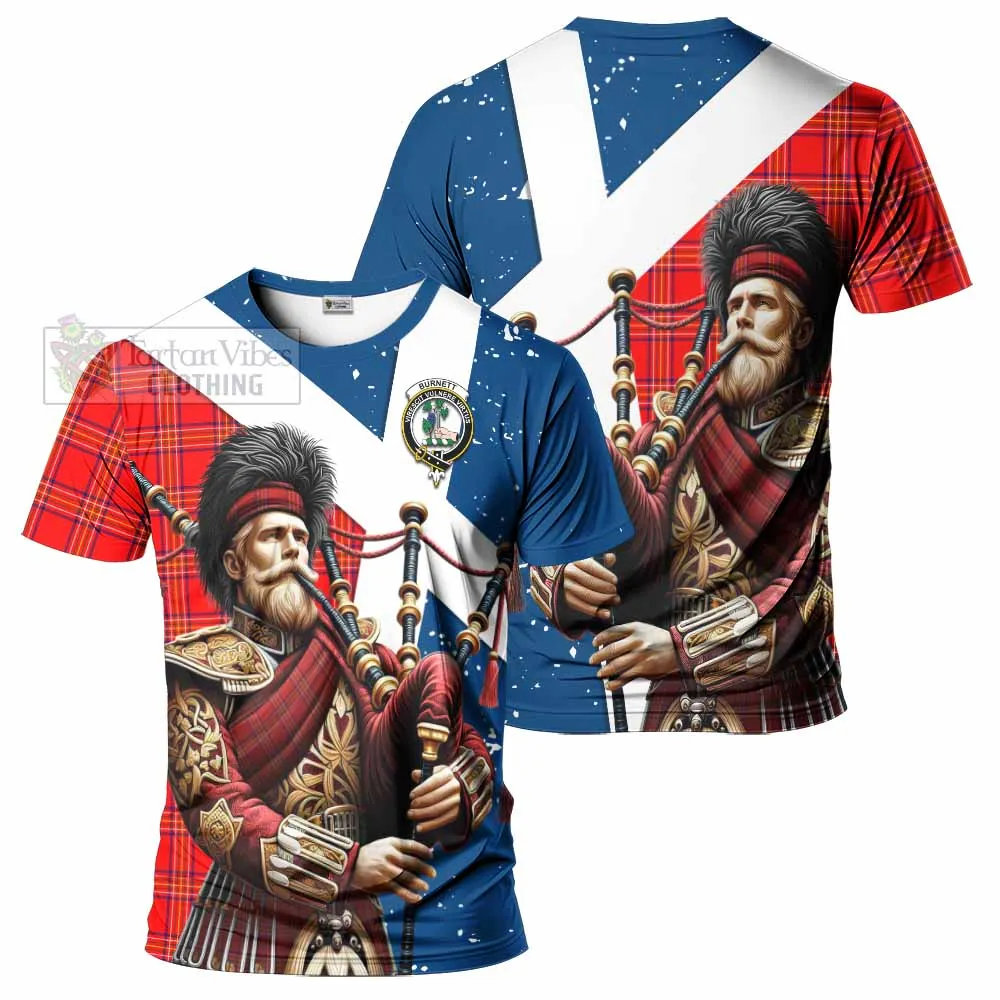 Burnett Tartan T-Shirt with Family Crest Scottish Bagpiper Vibes