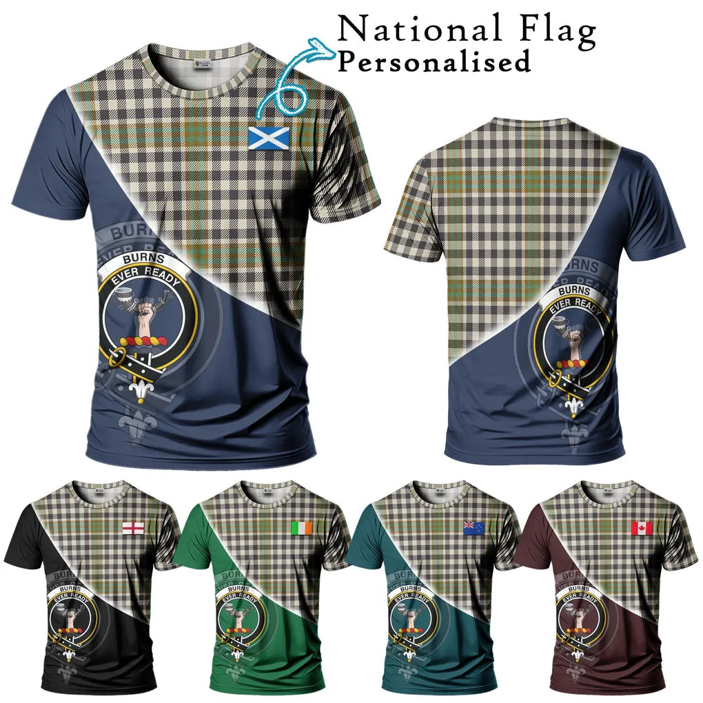 Burns Check Tartan T-Shirt with Personalised National Flag and Family Crest Half Style