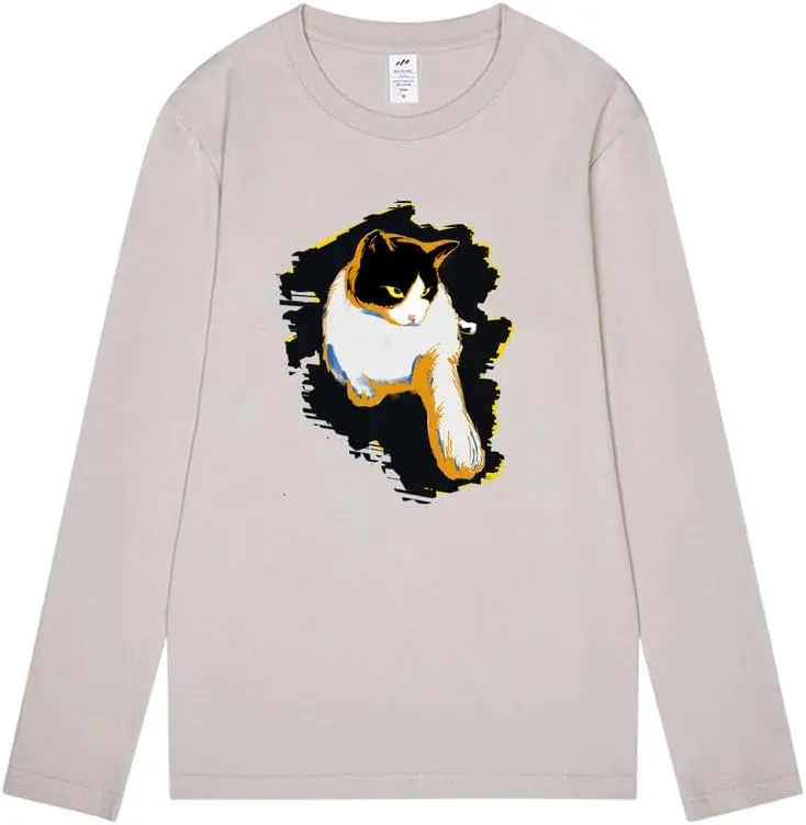 CORIRESHA Teen Cute Cat Crew Neck Long Sleeve Casual Soft Cotton T-Shirt