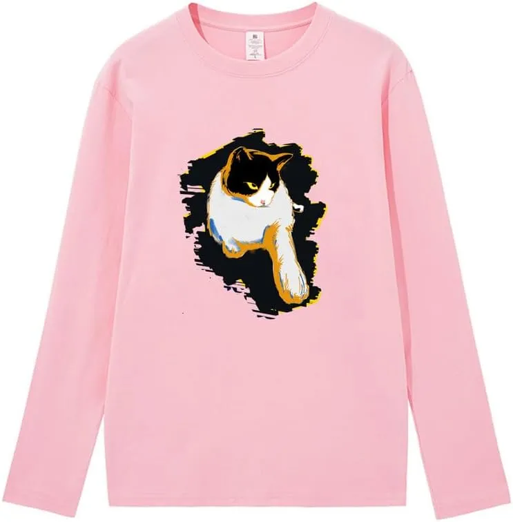 CORIRESHA Teen Cute Cat Crew Neck Long Sleeve Casual Soft Cotton T-Shirt