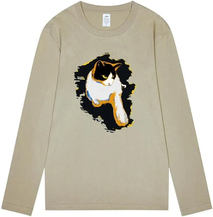 CORIRESHA Teen Cute Cat Crew Neck Long Sleeve Casual Soft Cotton T-Shirt