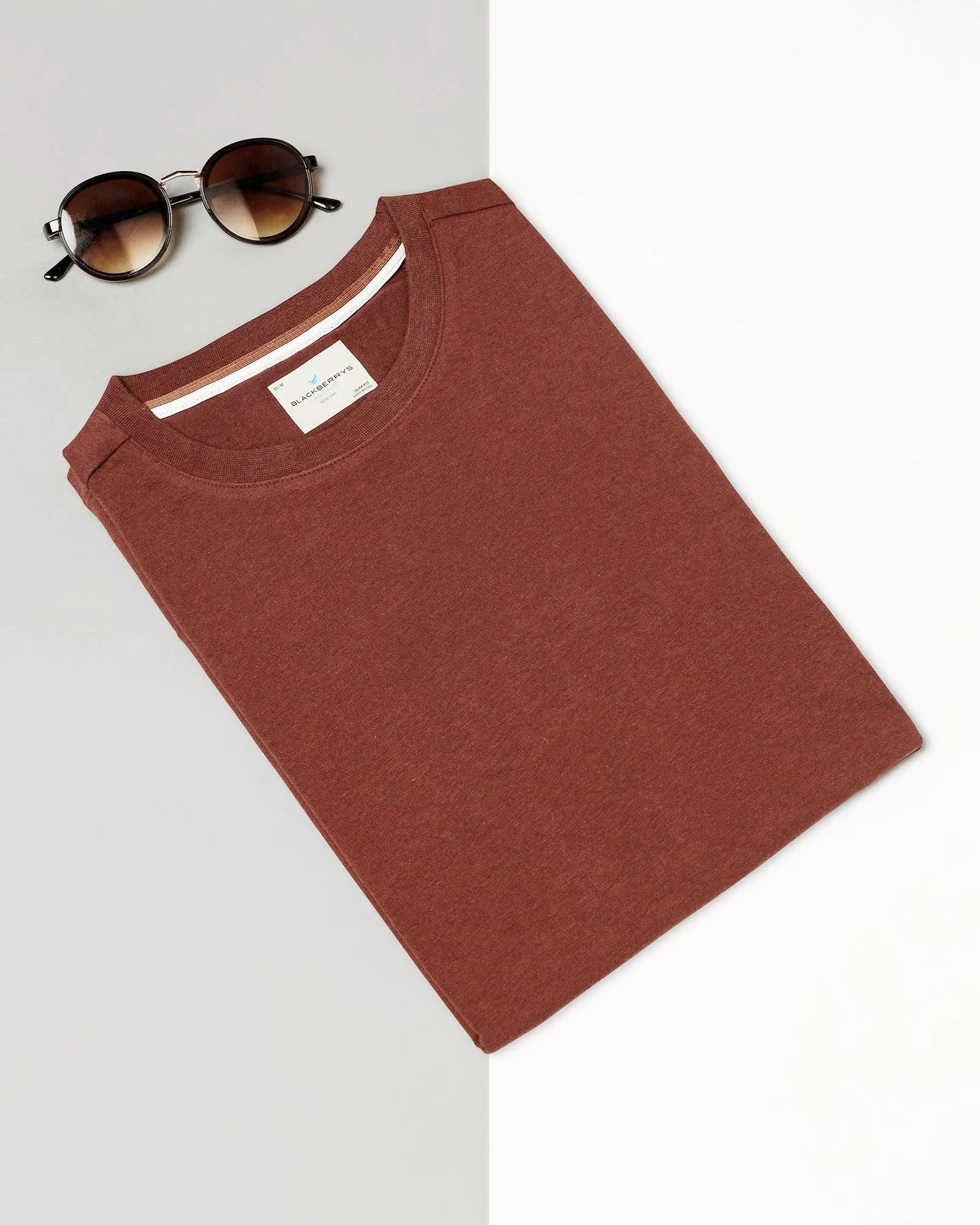 Crew Neck Brown Solid T-Shirt - Kai