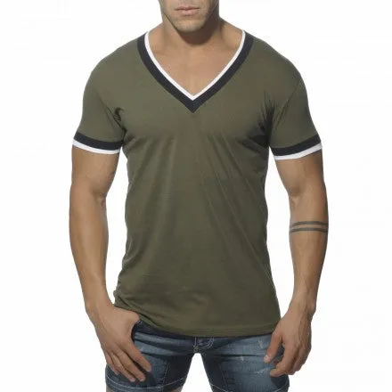 ES Collection Double Binding V Neck Short Sleeved T Shirt Khaki TS103 Size M