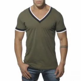 ES Collection Double Binding V Neck Short Sleeved T Shirt Khaki TS103 Size M