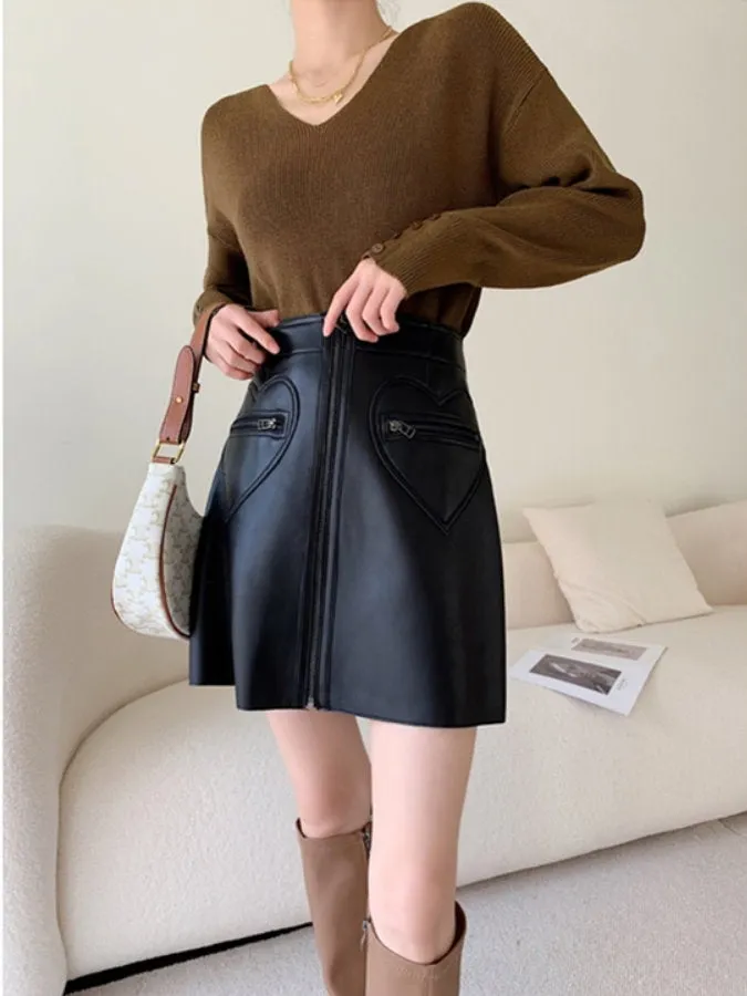 Front Zip Eco Leather Mini Skirt HL3884