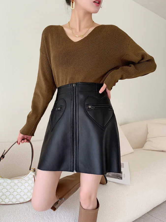 Front Zip Eco Leather Mini Skirt HL3884