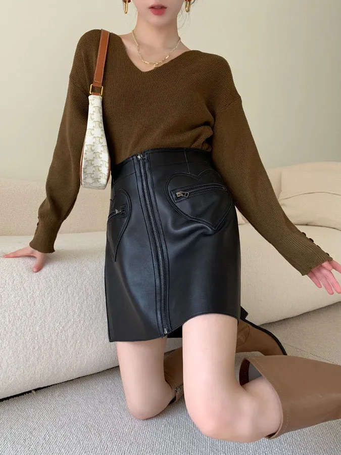 Front Zip Eco Leather Mini Skirt HL3884