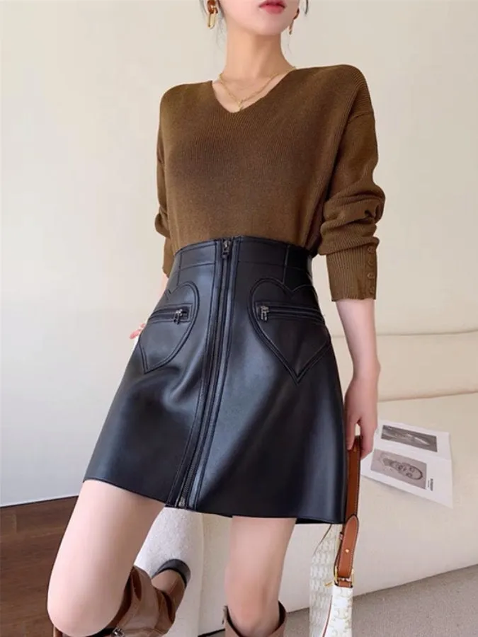 Front Zip Eco Leather Mini Skirt HL3884