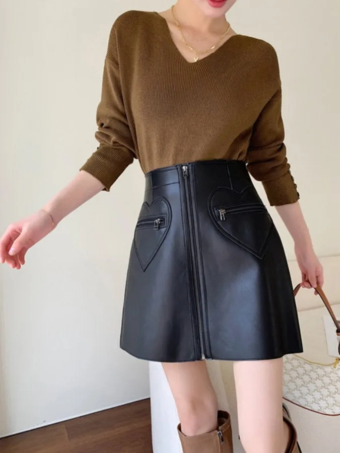 Front Zip Eco Leather Mini Skirt HL3884