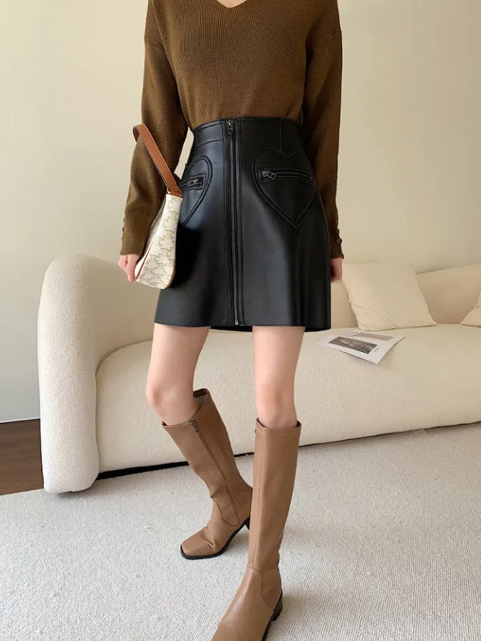 Front Zip Eco Leather Mini Skirt HL3884