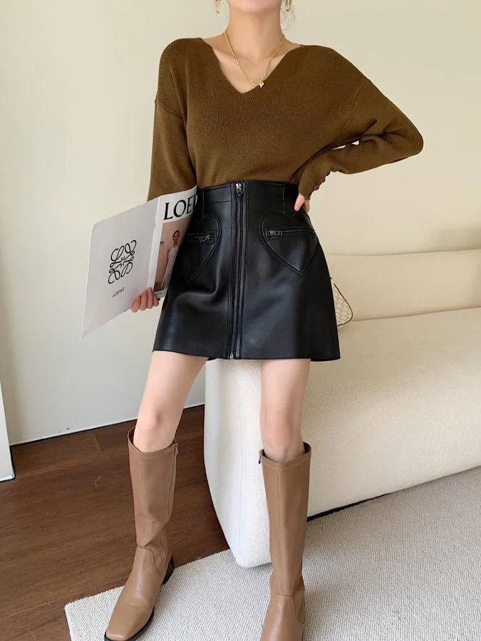 Front Zip Eco Leather Mini Skirt HL3884