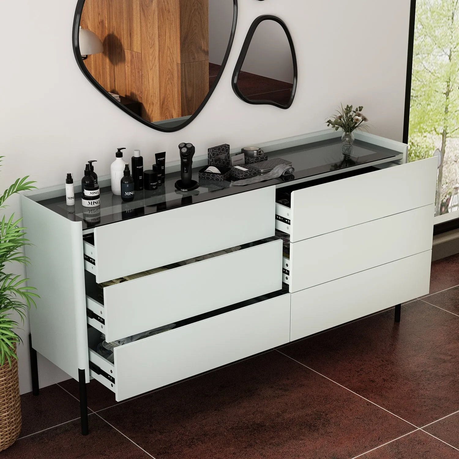 Glass Top Drawer System Dresser Sleek