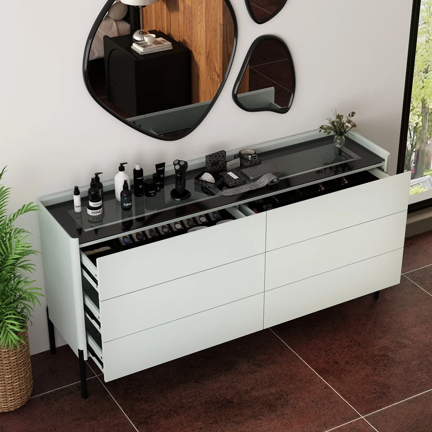 Glass Top Drawer System Dresser Sleek