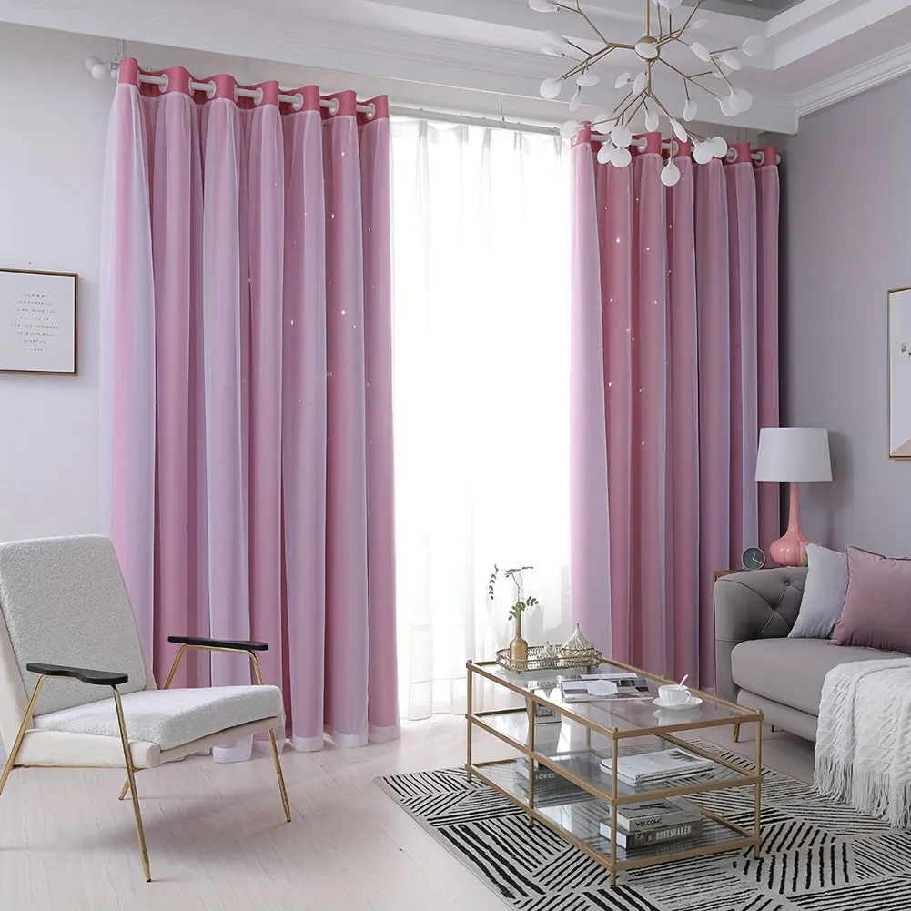 High Blackout Home Practical Durable Hollow Stars Solid Color Double Curtains