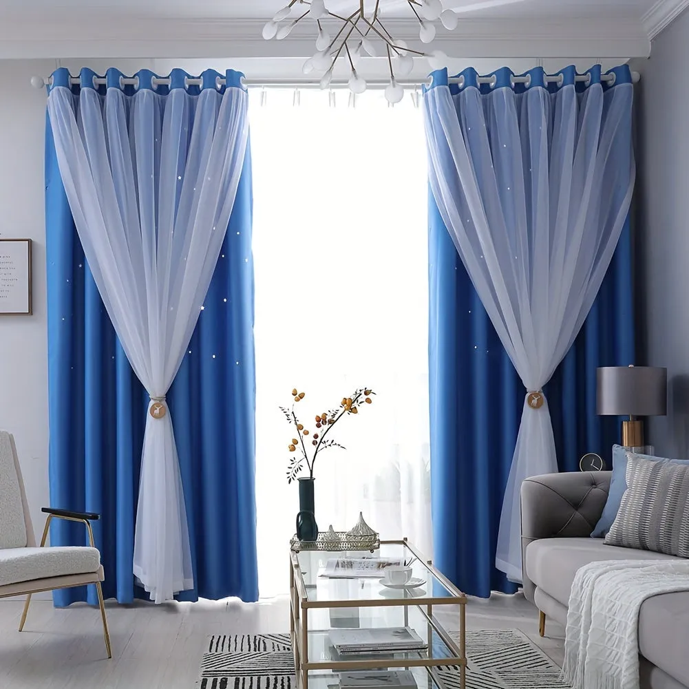 High Blackout Home Practical Durable Hollow Stars Solid Color Double Curtains