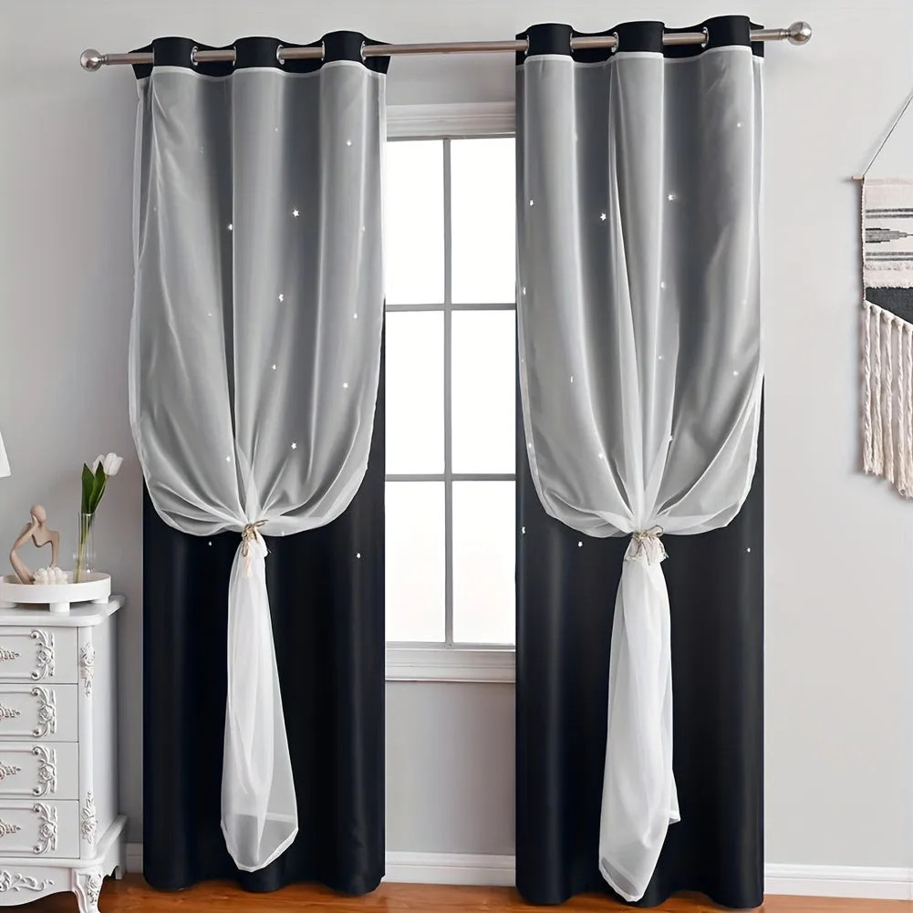 High Blackout Home Practical Durable Hollow Stars Solid Color Double Curtains