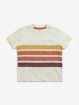 HOP Kids Beige Stripe Printed Cotton T-Shirt