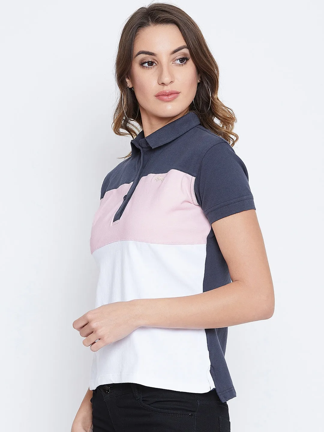 JUMP USA Women Navy Blue And Pink Colour blocked PoloT-Shirts