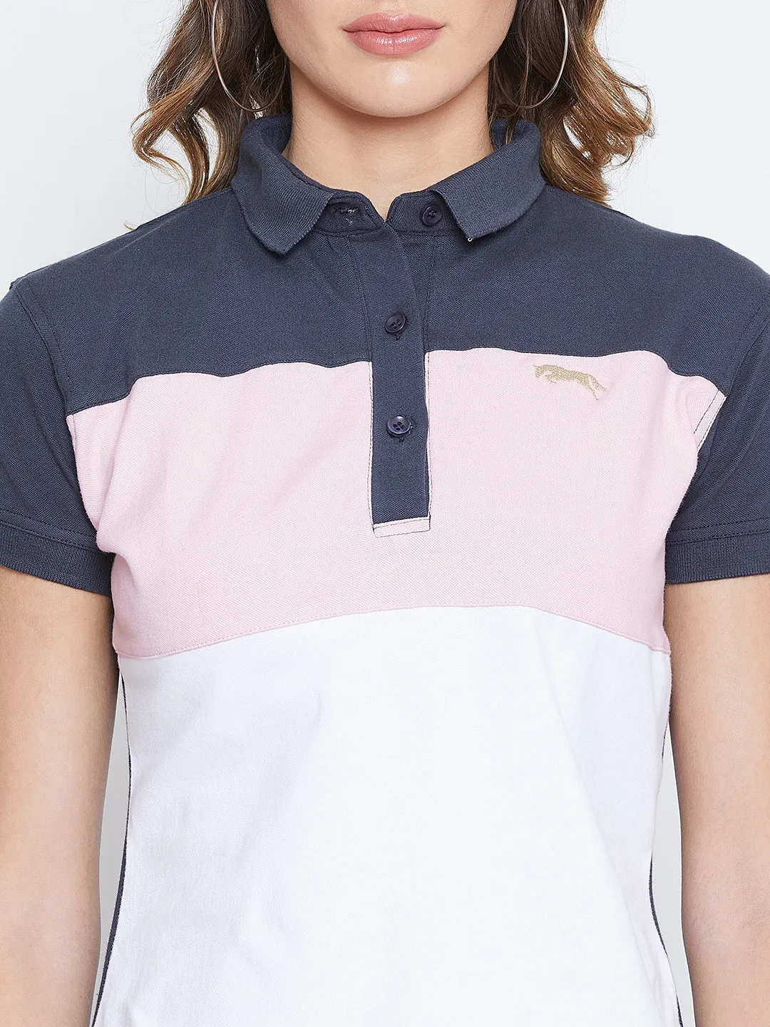 JUMP USA Women Navy Blue And Pink Colour blocked PoloT-Shirts