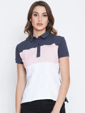 JUMP USA Women Navy Blue And Pink Colour blocked PoloT-Shirts