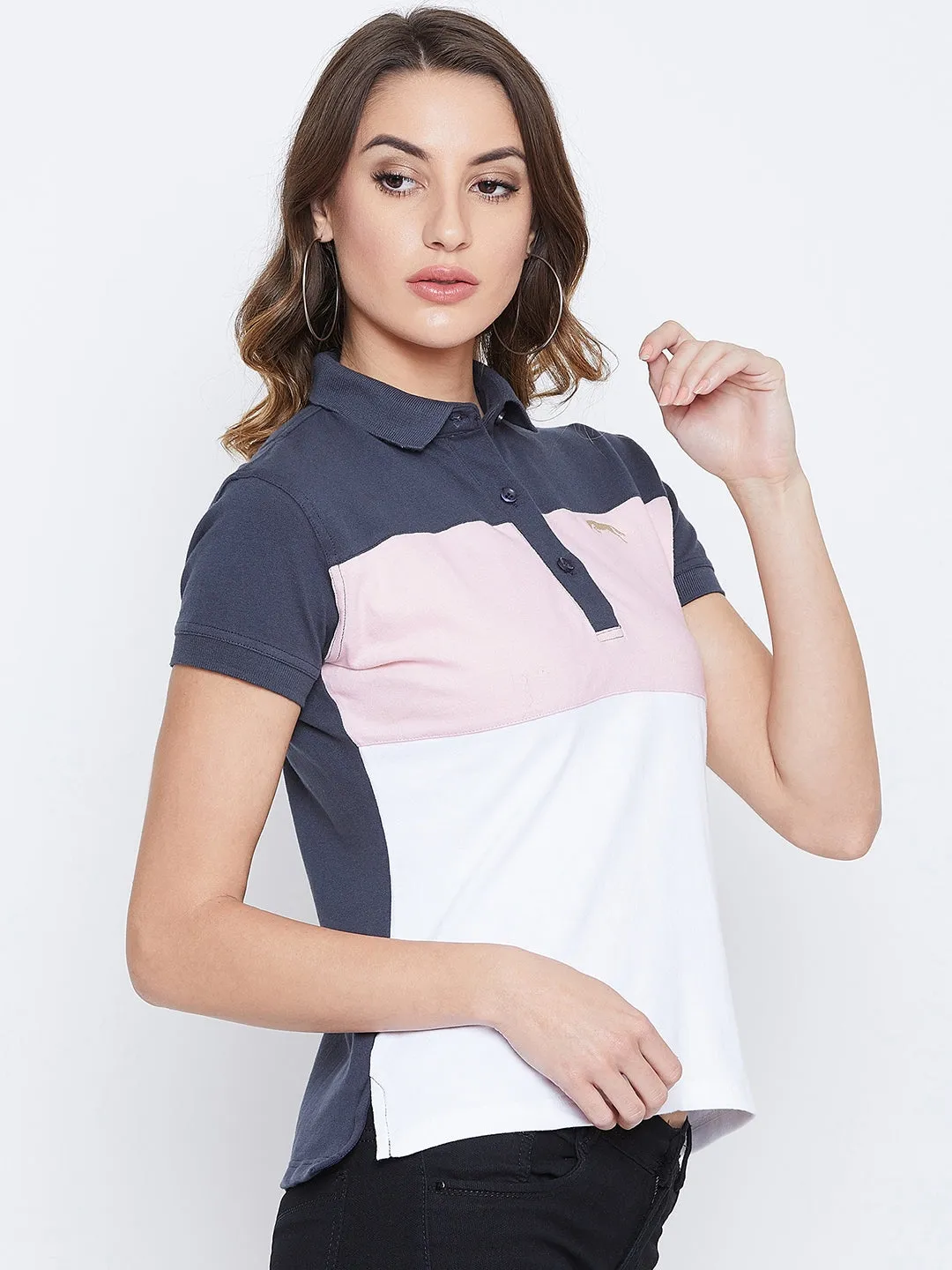 JUMP USA Women Navy Blue And Pink Colour blocked PoloT-Shirts