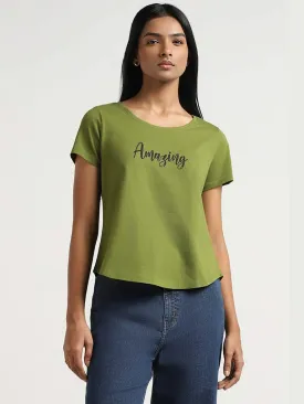 LOV Green Contrast Printed Cotton T-Shirt