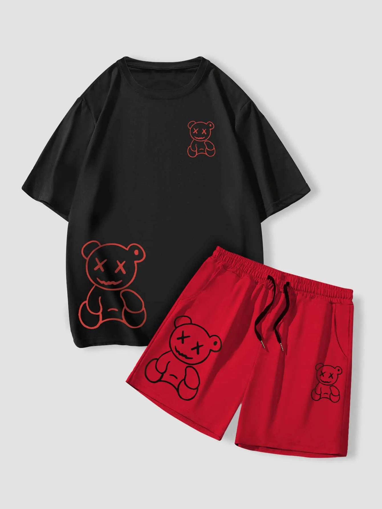 Manfinity Homme Men's Cartoon Bear Print Crew Neck Short Sleeve T-Shirt And Drawstring Pocket Shorts Set